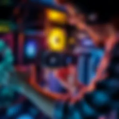 A gamer excitedly installing a new graphics card into his computer, showing a modern GPU next to an older model.