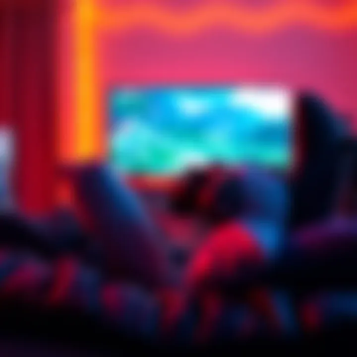 A gamer sitting comfortably with a pillow while playing video games, focused on the screen.