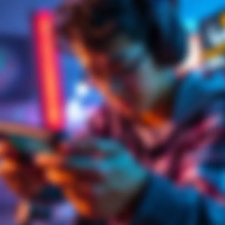 A gamer focuses on their device while using touch controls, showing determination in adapting to new gameplay methods after issues with a controller.