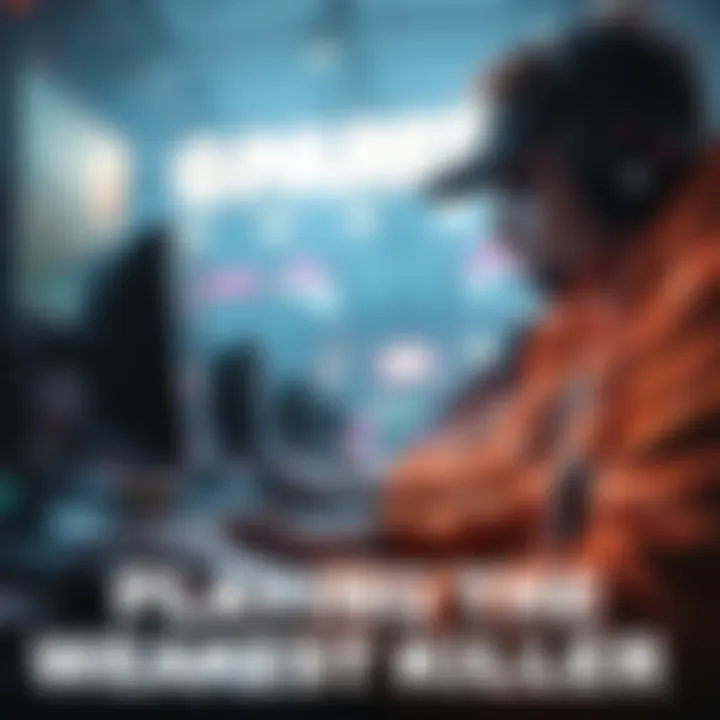 A gamer in a competitive match expertly using a weak killer build to outsmart overconfident players.