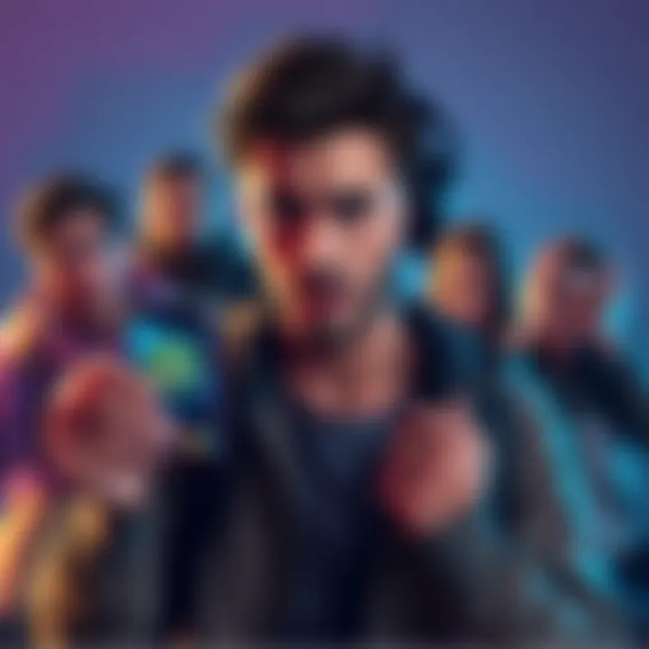 A gamer looks conflicted while holding a phone displaying V-Bucks, with friends in the background appearing frustrated.