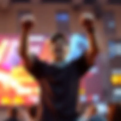 A gamer smiles and raises their arms in victory after completing a challenging game ending, with a colorful screen showing game credits in the background.