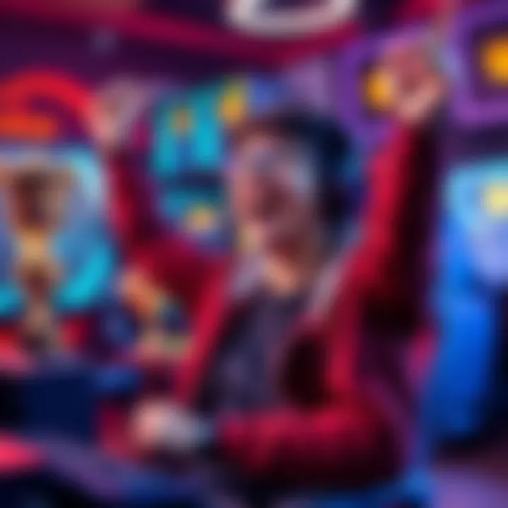 Gamer celebrating victory A gamer with a big smile celebrating after clearing a tough level, surrounded by gaming trophies and equipment