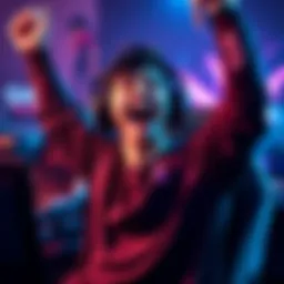 Gamer Celebrating a Victory A gamer celebrating after landing a long-range shot in Paladins, with a focused expression and a gaming setup in the background.