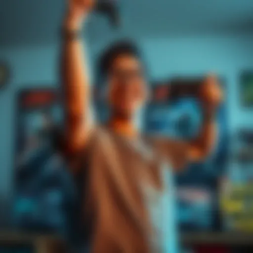 A gamer with a big smile, holding a game controller, celebrating after finishing Resident Evil 4, with game posters visible in the background.