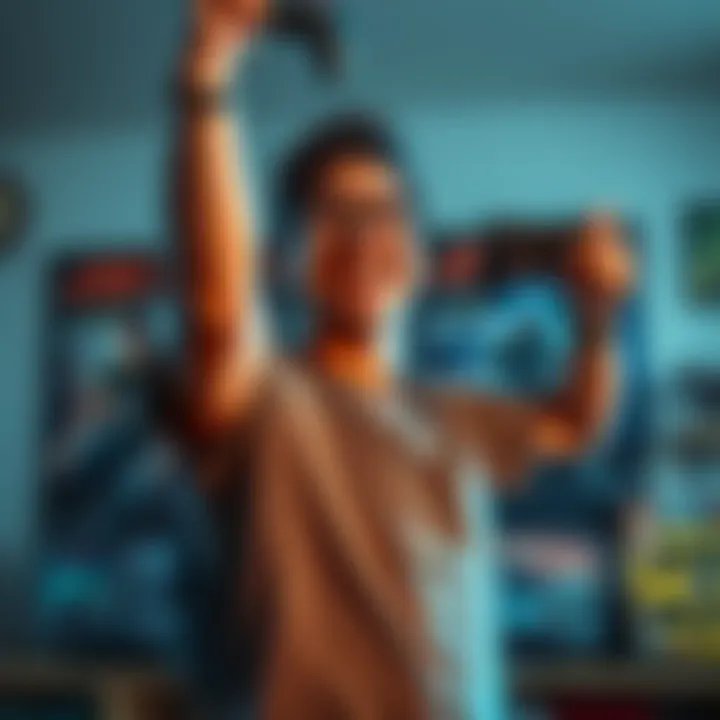 A gamer with a big smile, holding a game controller, celebrating after finishing Resident Evil 4, with game posters visible in the background.