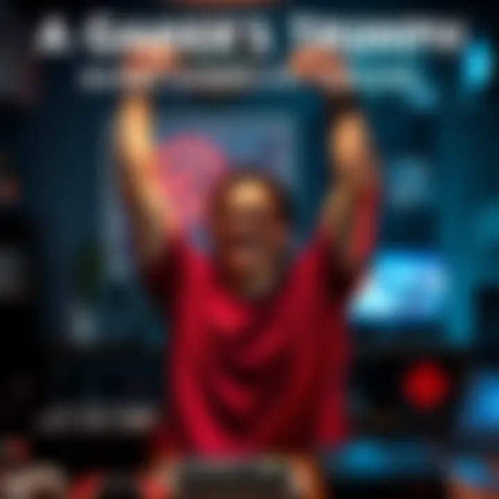 A gamer smiles and raises their arms in triumph after completing Resident Evil 8: Village, surrounded by gaming memorabilia.