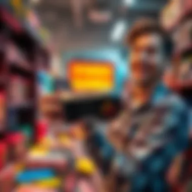 A local gamer holding a vintage game console in a video game shop, smiling with excitement.