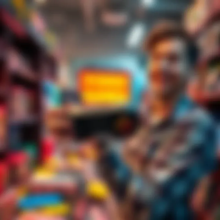 A local gamer holding a vintage game console in a video game shop, smiling with excitement.