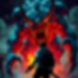 Gamer facing a powerful enemy A gamer looks distressed as a giant monster looms over them, illustrating the struggle of defense in gaming.