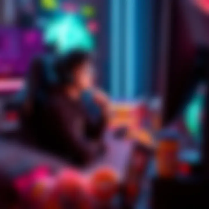 Gamer waiting at a console A gamer sitting in front of a console, looking at a screen with a thoughtful expression, surrounded by gaming equipment and snacks.