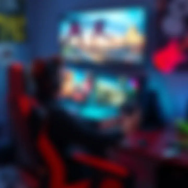 A gamer sitting in front of a high-end computer with vibrant graphics on the screen, eagerly waiting for the release of GTA 6. The setup features colorful LED lights and gaming accessories.