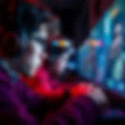 A gamer closely observing a screen while others play a multiplayer game, showing a mix of curiosity and excitement.