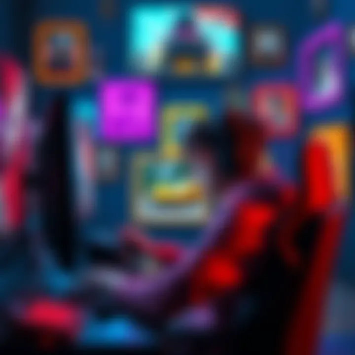 Gamer with ADHD playing on multiple frames A gamer sits in front of a computer screen, engaged in gameplay, surrounded by colorful frames representing their favorite characters