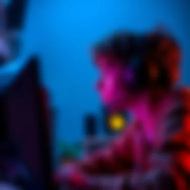 A focused gamer with autism, wearing headphones, playing a video game in a dimly lit room, showing concentration and engagement.