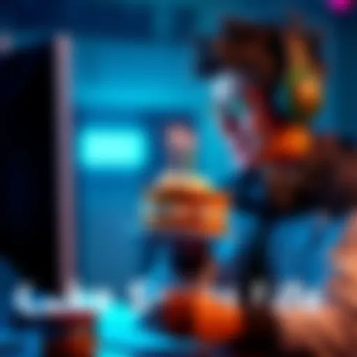 A gamer shows a cake while looking at their opponent during an online match, expressing a moment of mercy instead of attacking, with a humorous atmosphere surrounding them.