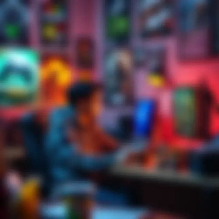 A gamer sitting at a desk with a controller, brainstorming creative game challenges, surrounded by gaming posters and snacks.