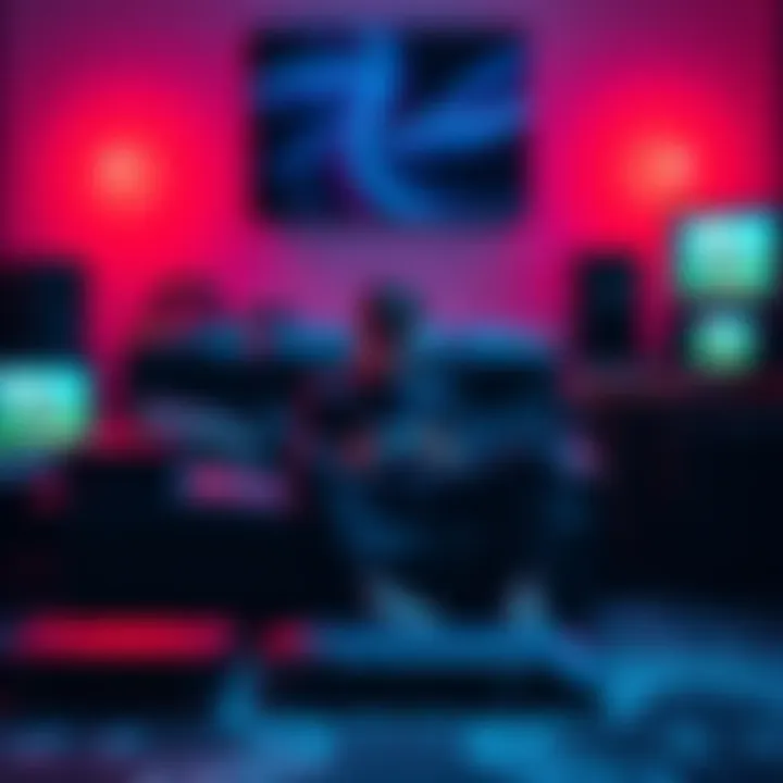 A person sitting on a couch surrounded by multiple gaming consoles, focused on playing a video game, showing deep engagement and dedication.