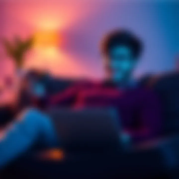 A gamer sitting comfortably with a game controller in hand, looking excited while exploring new game recommendations on a laptop.