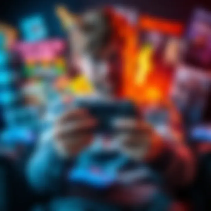 A gamer holding a game controller surrounded by popular video games like Minecraft and Fortnite