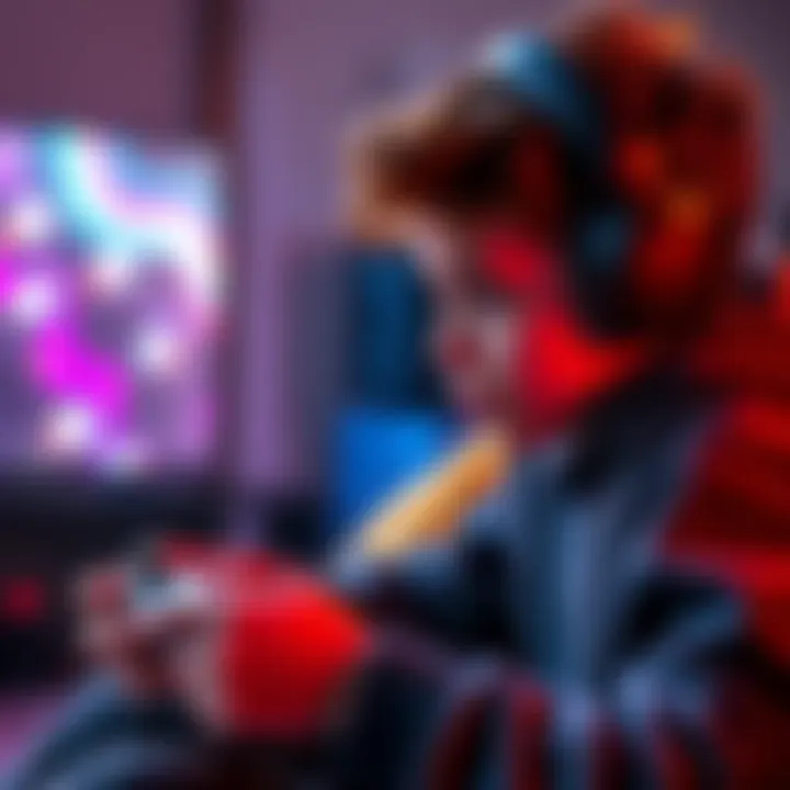 A young gamer focused on playing a video game on a PS4 and Nintendo Switch, showing determination and a gaming headset.