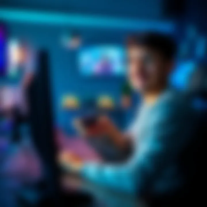 A gamer sitting at a desk, focused on a screen, holding a game controller while displaying a positive expression.