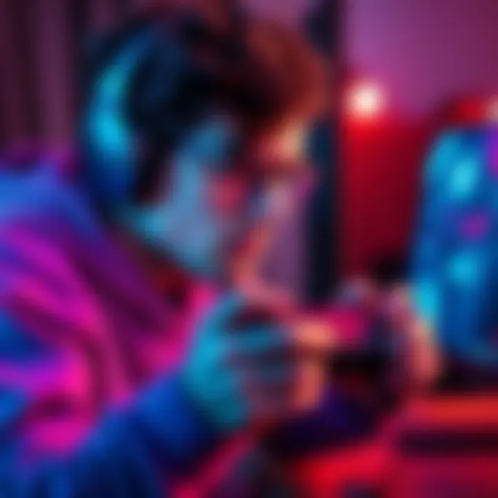 A gamer focused on their screen, holding a controller with wired headphones connected, looking frustrated with a controller turning off.