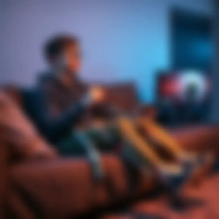 A young man with crutches sitting on a couch, focused on playing a video game on a console, looking relaxed and engaged.
