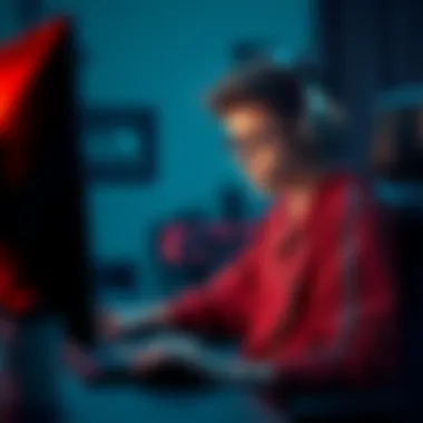 A young gamer sitting at a desk with a headset, looking frustrated while glancing at a computer screen. The room is dimly lit, reflecting the gaming atmosphere.