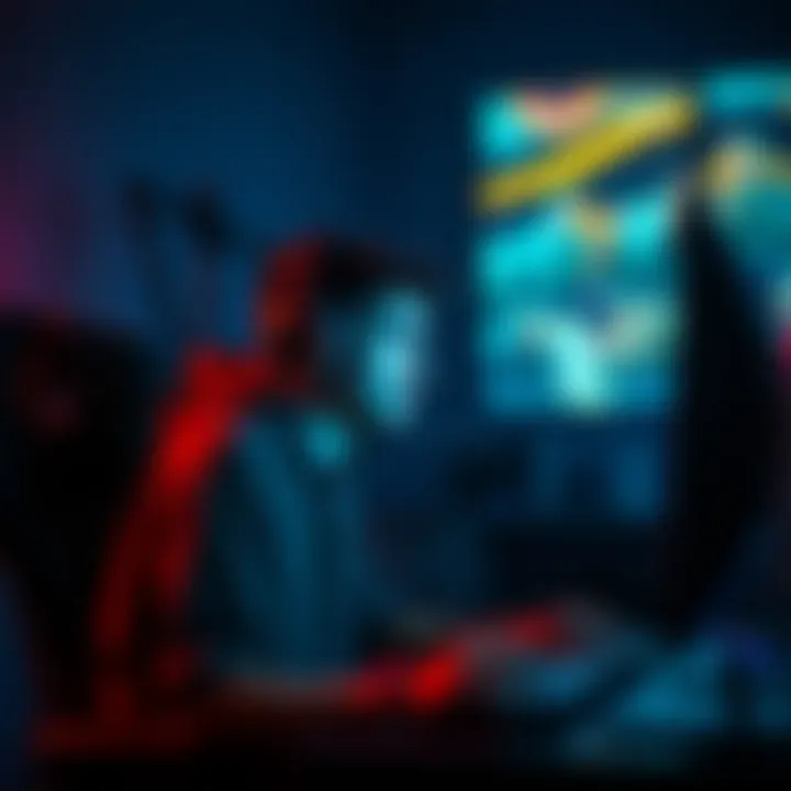 A focused gamer sitting in a dimly lit room, playing on a computer with headphones, looking around as if feeling watched.