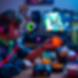 A gamer holding a lucky charm while playing video games, surrounded by gaming gear and snacks
