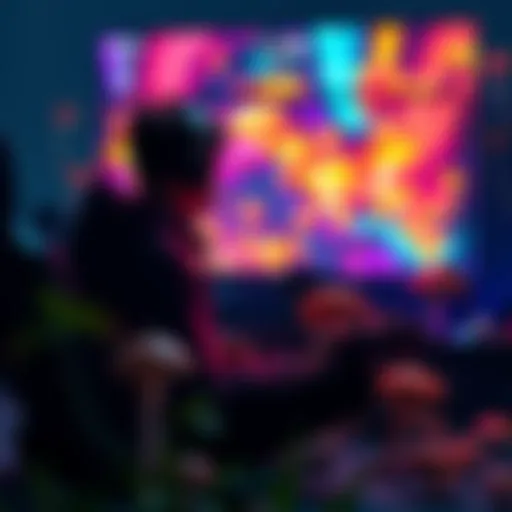 A gamer sitting in front of a colorful screen, surrounded by mushrooms, experiencing altered gameplay perceptions.
