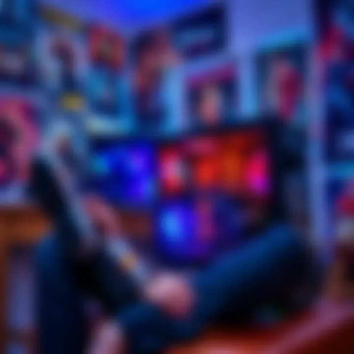 Gamer with his new gaming PC A 27-year-old man proudly shows off his custom-built gaming PC, showcasing modern hardware and LED lighting, sitting in a room full of gaming posters.