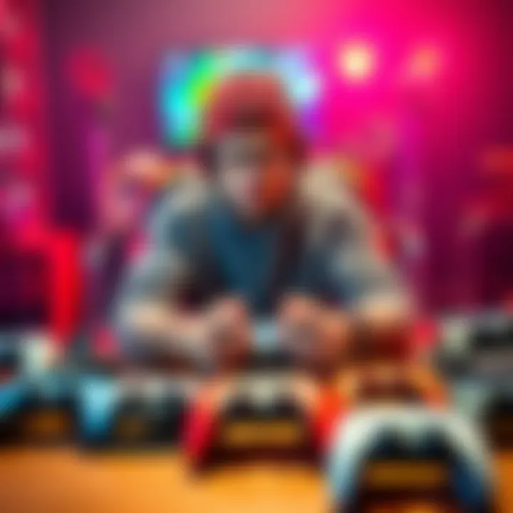 A gamer surrounded by multiple PS5 controllers on a table, showing a focus on gaming accessories over the console, highlighting spending habits.