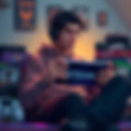 A person sitting on a couch, holding a Steam Deck, looking thoughtful while surrounded by various game-related items like controllers and game boxes.