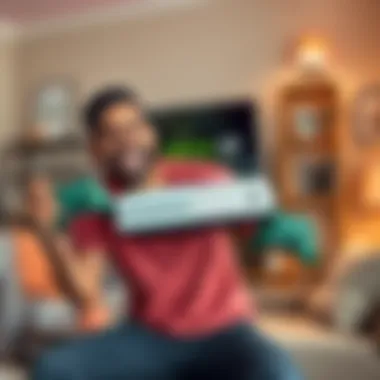 Gamer with Xbox One S A gamer happily holding an Xbox One S console with two controllers and a game plan in a living room setting.