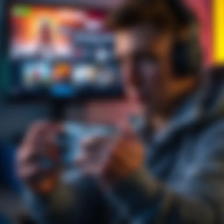 A gamer holding an Xbox controller, looking at the screen featuring game achievements