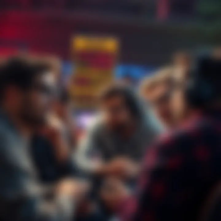 A group of gamers talking about accessibility options in a video game, showing frustration over text visibility and size, with some using gaming glasses. A poster in the background highlights issues for colorblind players.