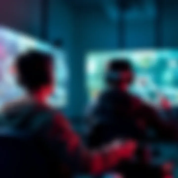 Two gamers focus on screens showing aim training software, improving their shooting skills