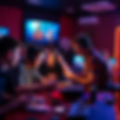 A group of people gathered in a room, playing video games on their computers, sharing laughs and snacks during a LAN party