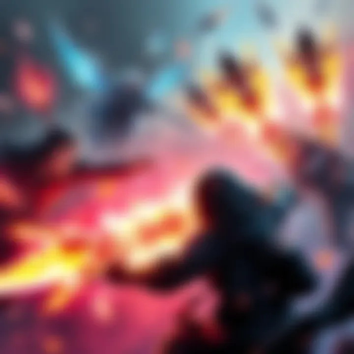 Players battling with mythic weapons in chaotic gameplay A group of gamers engaged in an intense battle, using mythic weapons as the game environment swirls with chaos, showcasing excitement and frustration