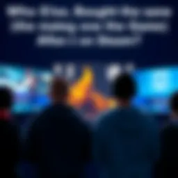 Gamers buying games on different platforms A group of gamers looking at two different game store interfaces, one showing Steam and the other showing Epic Games Store, indicating purchasing behavior