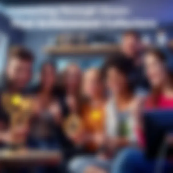 A group of diverse gamers smiling and showing off their achievement trophies in a cozy gaming setup