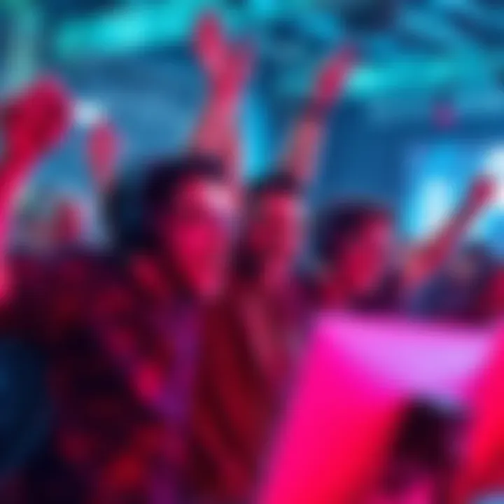 A group of gamers joyfully celebrating after winning a competitive match, showcasing excitement and camaraderie.