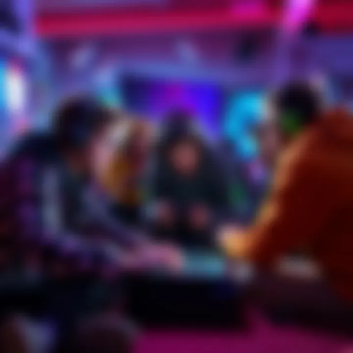 A group of gamers discussing character choices around a gaming console