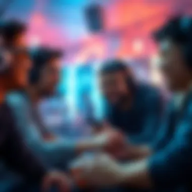 A group of gamers laughing while discussing which killer character to choose for a fun encounter during a gaming session.