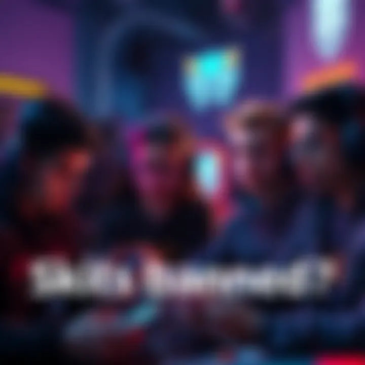 A group of four gamers looking concerned while checking their phones, with gaming equipment in the background.