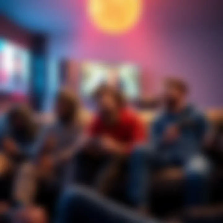 A group of diverse gamers sitting together, enjoying video games and discussing strategies, with controllers in hand and a gaming console in the background.