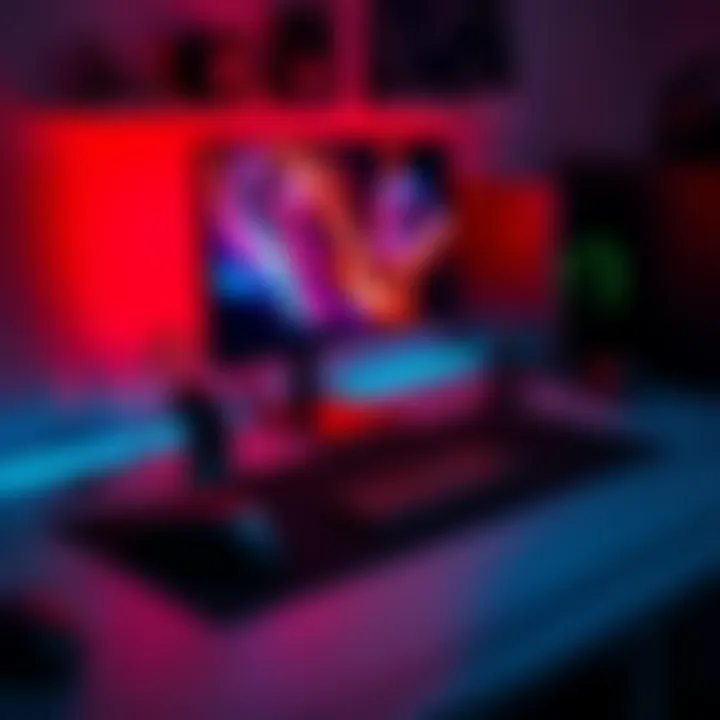 A gaming desk with a monitor, mousepad, and gaming mouse, showing limited space on the mousepad due to monitor leg placement.