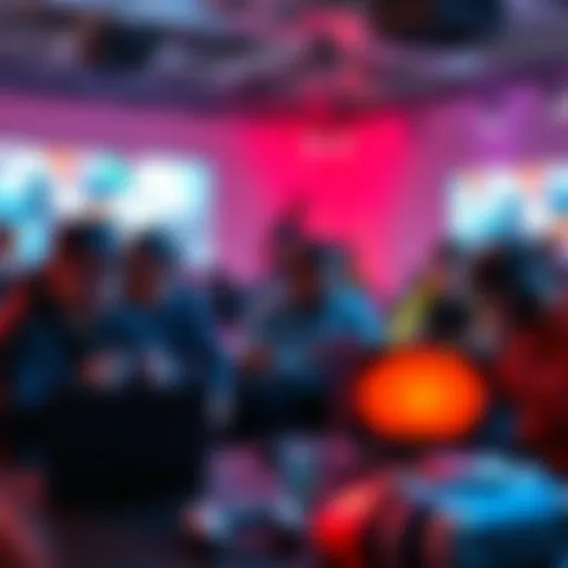 A group of gamers sharing their views on a recent DLC with laptops and game controllers